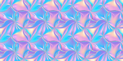 Fototapeta premium Seamless pattern, iridescent holographic abstract, shimmering surfaces, changing colors, liquid metal effect, pearlescent white, rose gold, mint green, lavender, blue