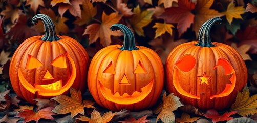 Three carved pumpkins, different designs, autumn leaves, funny, picture