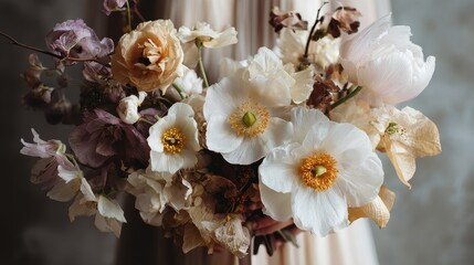 Artistic wedding bouquet with oversized blooms and abstract composition, creative bridal floristry, unique wedding design.
