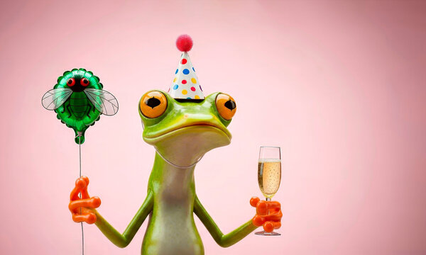 A cute frog in a party hat holding a fly-shaped balloon and a glass of champagne on a pink background. Funny holiday concept.