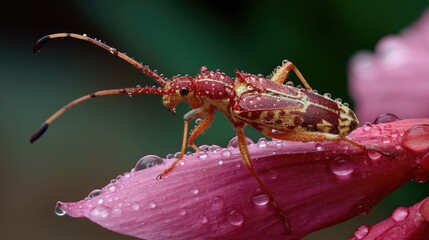 Close-Up View of a Colorful Insect with Water Droplets Resting on a Vibrant Pink Petal in a Natural Outdoor Setting Captured in High Definition