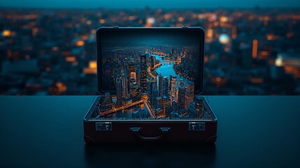 A cityscape diorama emerges from an open suitcase, blending the concepts of travel and urban life. The suitcase contains a miniature city model, with towering buildings and infrastructure.