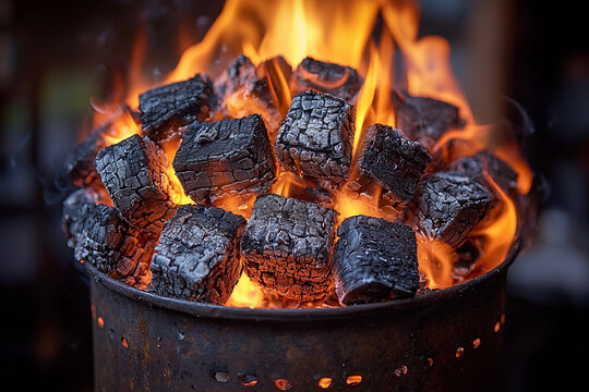 Charcoal briquettes burn in metal chimney during grilling Generative AI