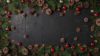 Festive Christmas arrangement with ornaments and pine cones around a dark empty space
