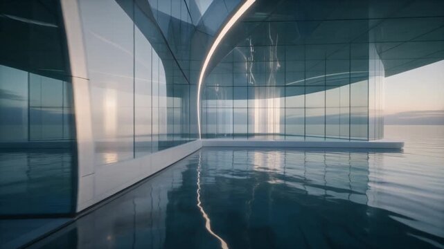 Drone Flyover of a Futuristic Glass Pavilion with Reflections