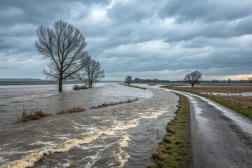 Heavy Floodwaters Flow Continuously Across Rural Landscape With Trees and Road Under Cloudy Sky