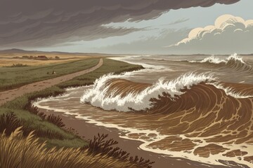 Massive Rushing Brown Floodwater Waves Crashing Along a Coastal Landscape Under Ominous Storm Clouds