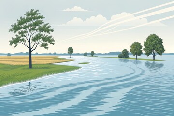 Overflowing River Landscape With Rising Water Levels And Distant Trees Under A Cloudy Sky