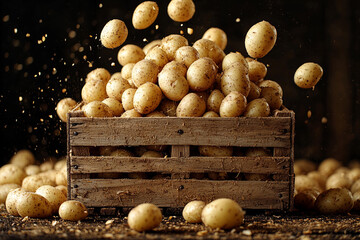 Potatoes drop into wooden crates during harvest time Generative AI