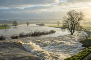 Powerful flood transforms a calm river into a wide, fast-moving torrent with turbulent waters under a cloudy sky
