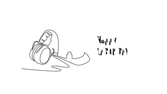 Safety helmet, ear muffs and goggles. Labor Day concept. Single line draw design. Full length animation illustration. High quality 4k footage