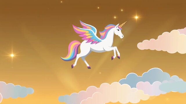 White unicorn with rainbow wings soars through starry golden sky, perfect for fantasythemed designs, childrens books, and magical illustrations.
