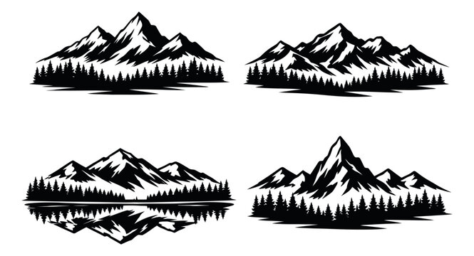 Graphic style silhouette mountain landscape set featuring rugged peaks, evergreen forests, and a lake reflection for outdoor adventures and emblems