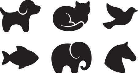 Six black animal silhouettes dog cat bird elephant fish horse on white