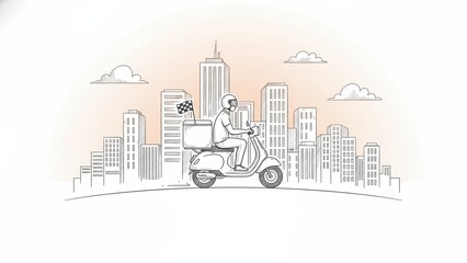 Naklejka premium Delivery service rider on a scooter navigating through the city skyline with a checkered flag on the generic