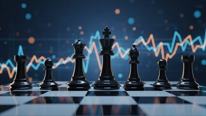 Black chess pieces set on a board against a backdrop generic fluctuating graphs symbolizing strategy and mind planning