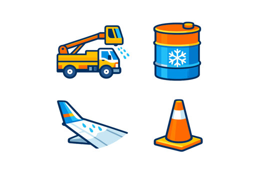 Airport winter service icons: de-icing truck, de-icing fluid