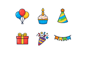 Collection of colorful birthday party icons on a dark background