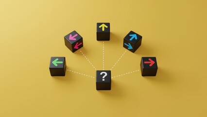 Black cube with a question mark connected by lines to other cubes with colorful arrows symbolizing decision making and solution choices.