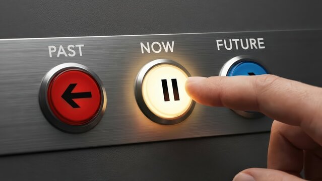A generic pressing a glowing time control button to pause the choice between past and future moments.