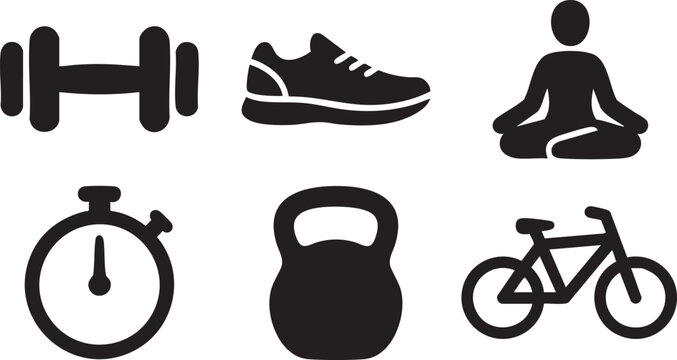 Black of dumbbell running shoe meditating person stopwatch kettlebell and bicycle weight exercise