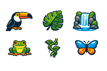 Obraz premium Jungle themed icons: toucan, leaf, waterfall, frog, vine, butterfly
