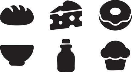 Black silhouette of bread cheese donut bowl bottle and cupcake on white