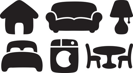 Black silhouette of home furniture and appliances on white background house sofa couch armchair