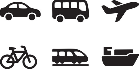 Black silhouette of car bus airplane bicycle train and ship