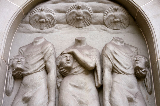 Close-up of Felix and Regula stone fountain at Swiss city of Z&uuml;rich on a winter day. Photo taken January 11th, 2026, Zurich, Switzerland.