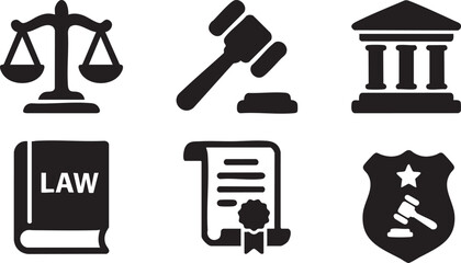 Collection of black legal including scales of justice gavel book court building and badge
