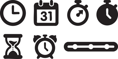 Collection of black time and date including clock calendar hourglass alarm and stopwatch
