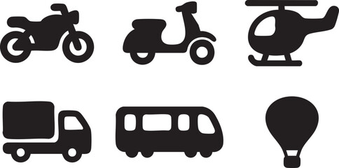 Collection of black silhouette depicting various modes of transportation including a motorcycle scooter helicopter truck bus and hot air