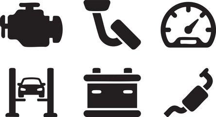 Set of six black car service engine car lift speedometer battery exhaust automobile vehicle transport