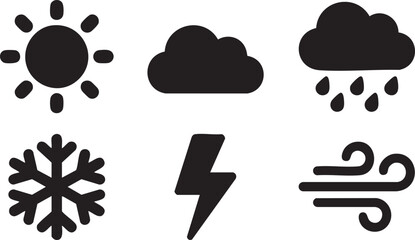 Collection of six black weather including sun cloud rain snowflake lightning and wind