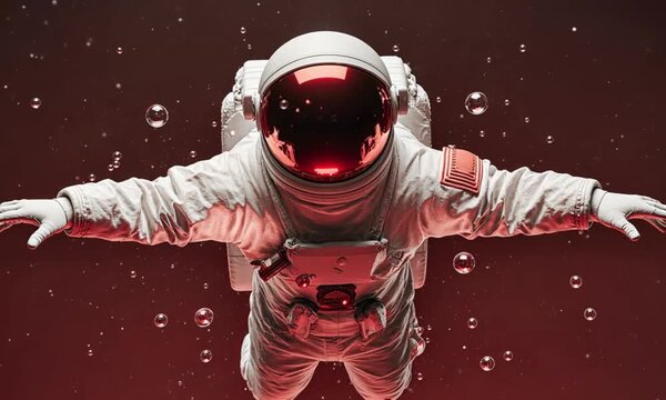 Astronaut floating in red cosmic space with glowing visor and bubbles