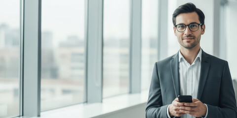 Serious business businessman businessperson laptop with male man work planning at office adult computer confident professional standing by window using smartphone in modern workplace