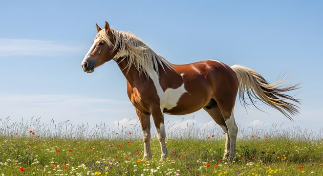 Stunning pinto horse standing majestically in a grassy field under a clear blue sky