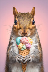Squirrel holds ice cream cone with colorful scoops in front of soft background during warm afternoon