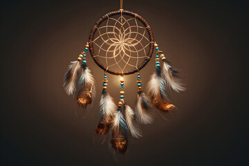 Dream catcher hangs on a wall with feathers and beads in a dimly lit room at night