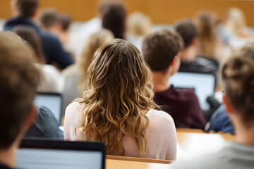 Students attending a lecture in a classroom with their laptops open and focused on learning