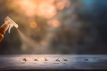 Spraying insect repellent on mosquitoes to reduce their presence during summer evenings outdoors