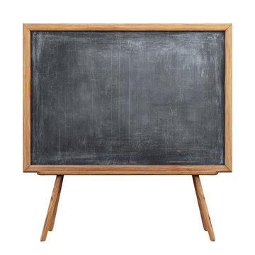 Empty chalkboard on wooden stand isolated on transparent background