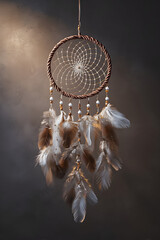 Dream catcher with feathers hanging on wall in dim light setting during evening time