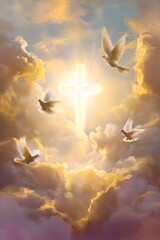Light shining from the cross in a cloudy sky with doves flying during a bright moment in the day