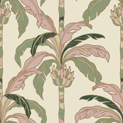 Cotton fabric Elegant Art Nouveau Seamless Pattern featuring Vintage Banana Palm Trees with Dusty Rose and Sage Green Leaves on Cream Background for Textile and Wallpaper Botanical Tropical Chinoiserie