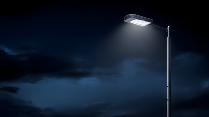 Street light shining bright under a dark sky with clouds at night
