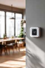 Smart thermostat on wall showing temperature in modern home with natural light flooding the dining area