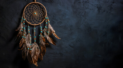 Dream catcher with feathers and beads hangs against dark wall at indoor space in evening light