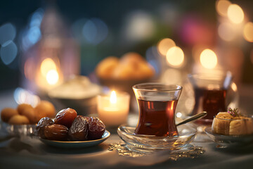 Sweet treats and tea are shared during a gathering at night with candles glowing in the background
